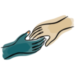 Green and beige ink and watercolour illustration of two hands reaching towards each other representing career coaching support
