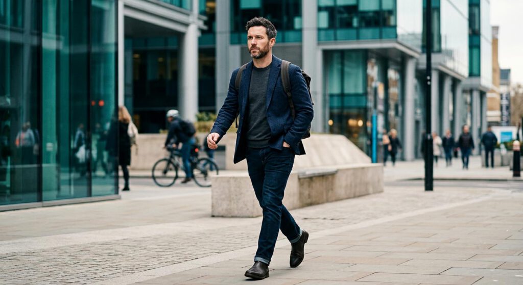 Professional man walking through city business district considering a career change