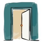 Green and beige ink and watercolour open door illustration representing new career beginnings and opportunity