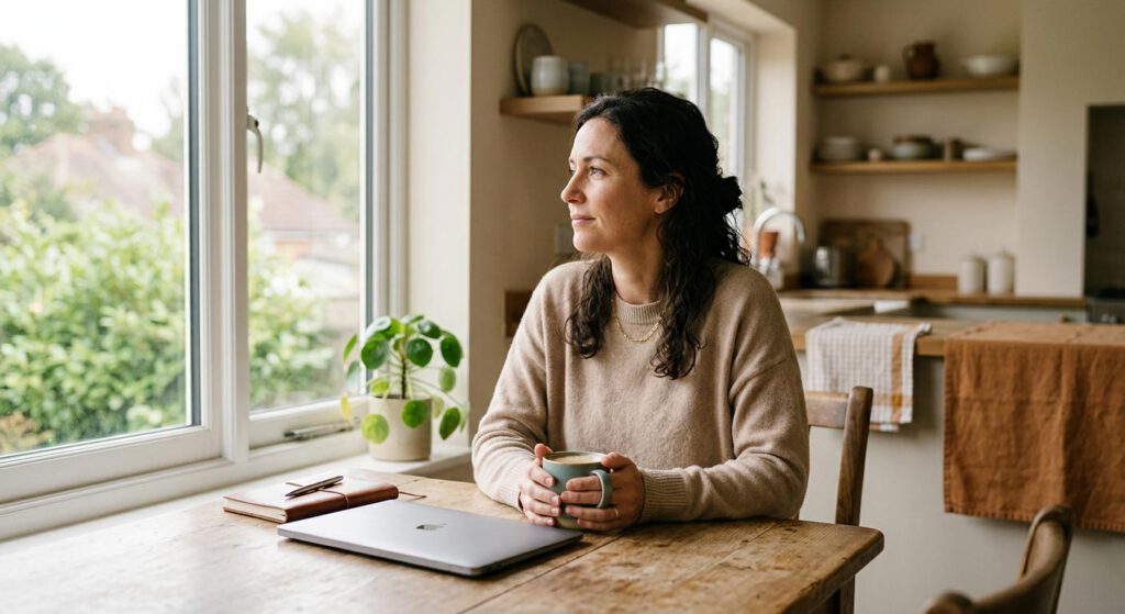 Professional woman sitting at desk with laptop after redundancy looking out of window