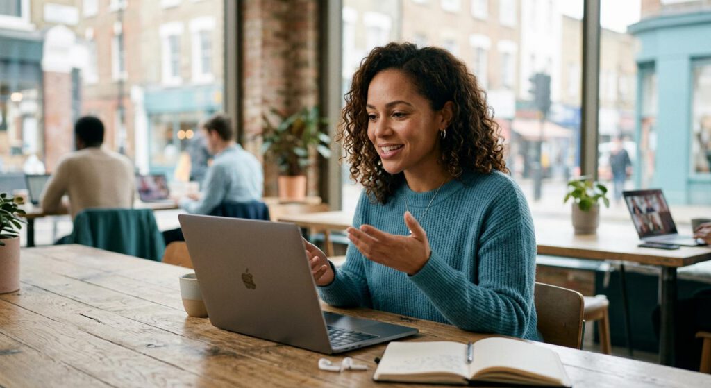 Bilingual professional woman having online career coaching session via laptop in English