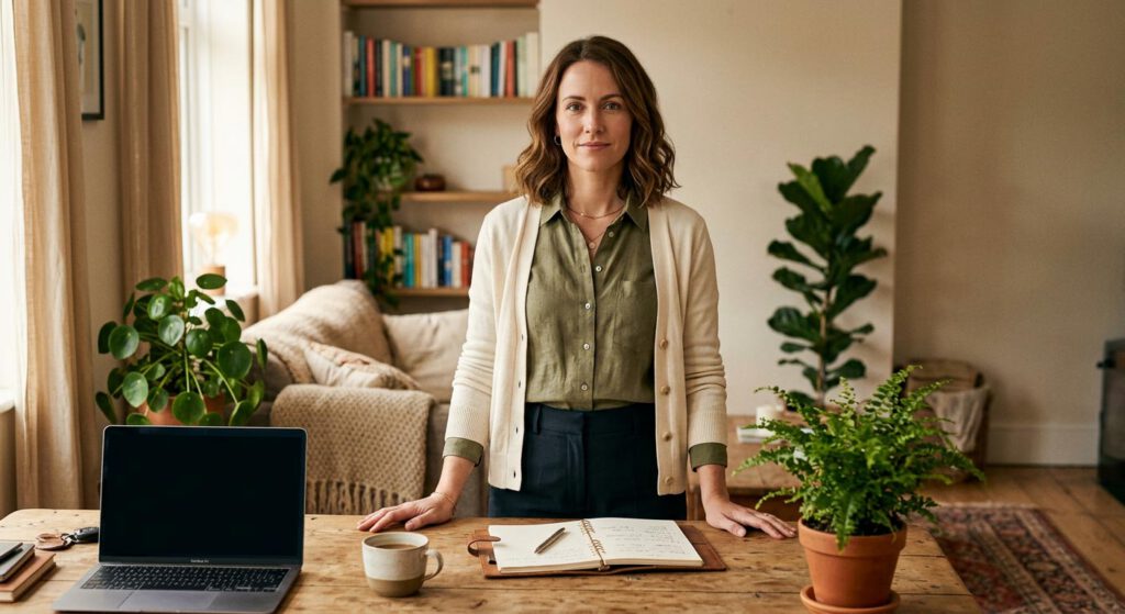 Professional woman returning to work after career break standing at desk with notebook